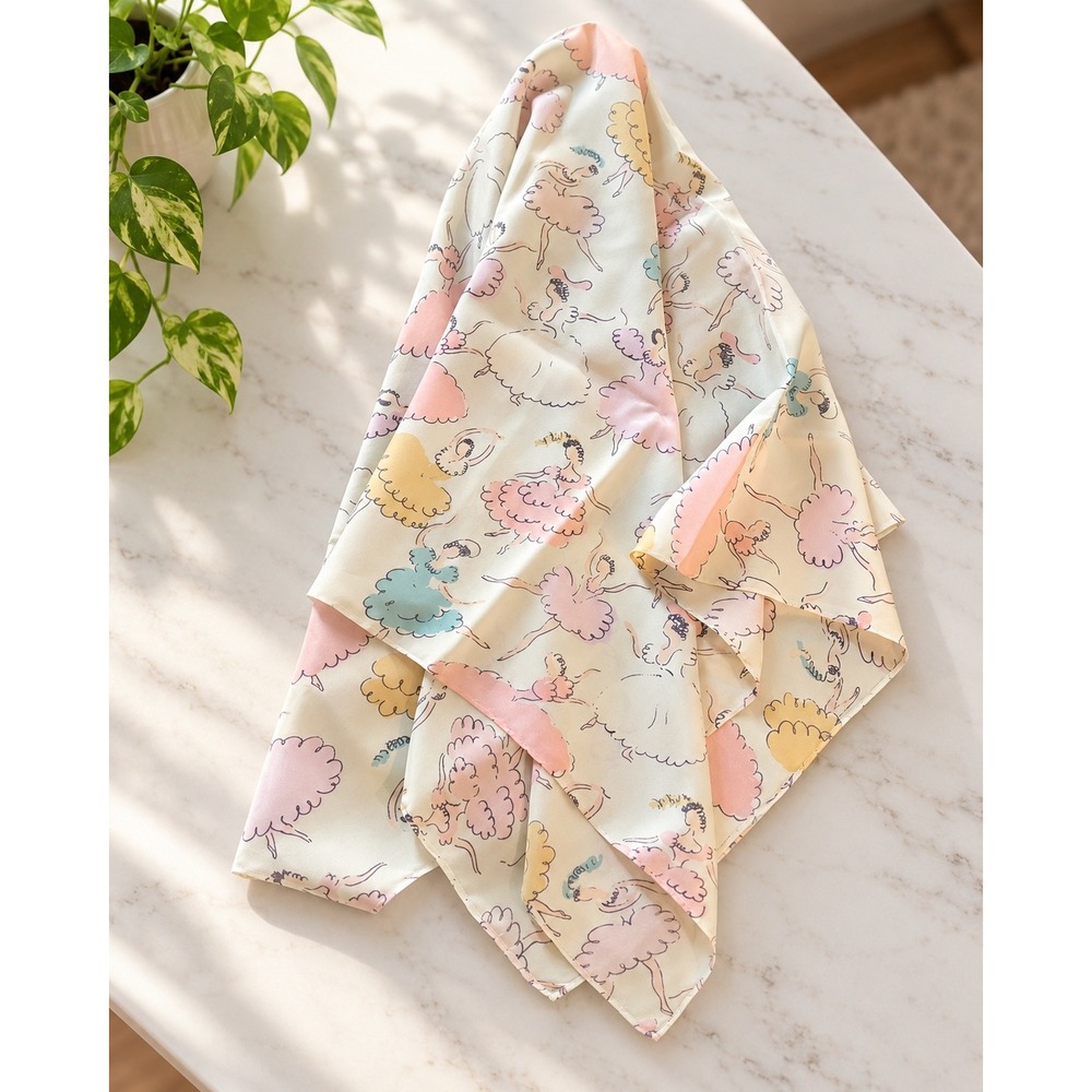 Vintage Pastel Ballerina Scarf 32x33 Cream Balletcore Square Silky Dancer Print